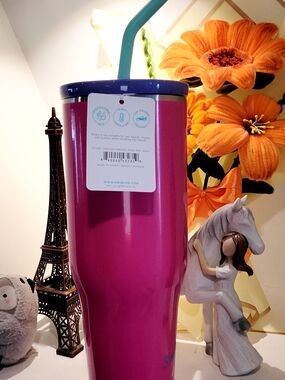 Pink Insulated Travel Tumbler with Blue Lid and Green Straw